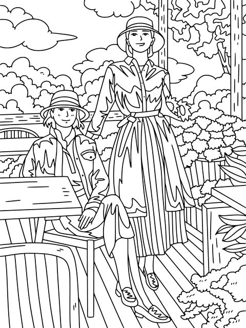 Coloring Page of Women in an Outdoor Scene