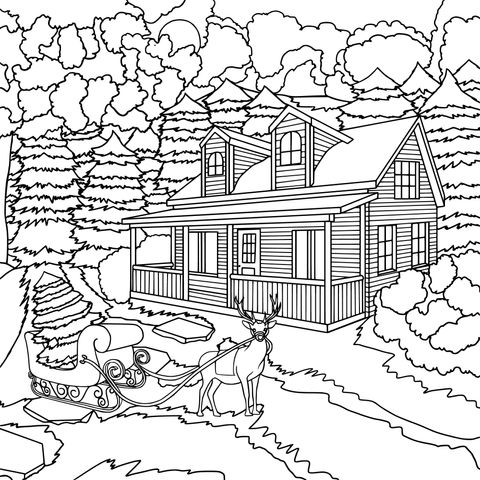 Coloring Page of a Log - cabin and Reindeer in a Christmas Snowscape