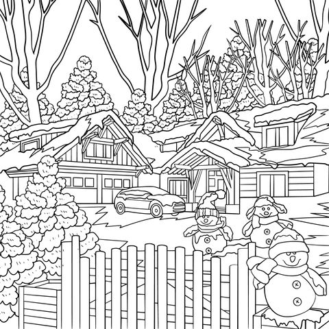 Winter Cabin and Snowmen Coloring Page