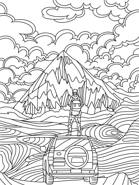 Coloring Page of an Explorer Looking at a Snow - Capped Mountain from the Car Roof