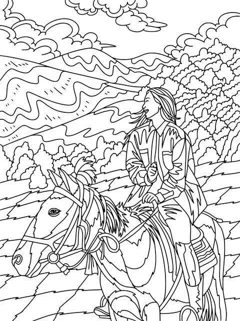 Coloring Page of a Woman Riding a Horse in a Scenic Landscape