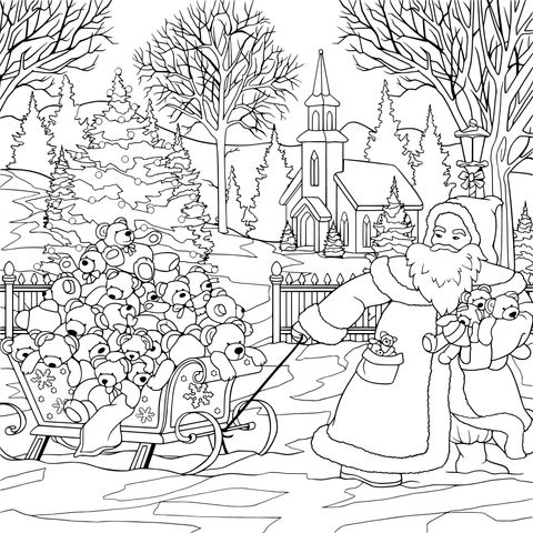 Santa Claus and Teddy Bears Christmas Scene Coloring Page