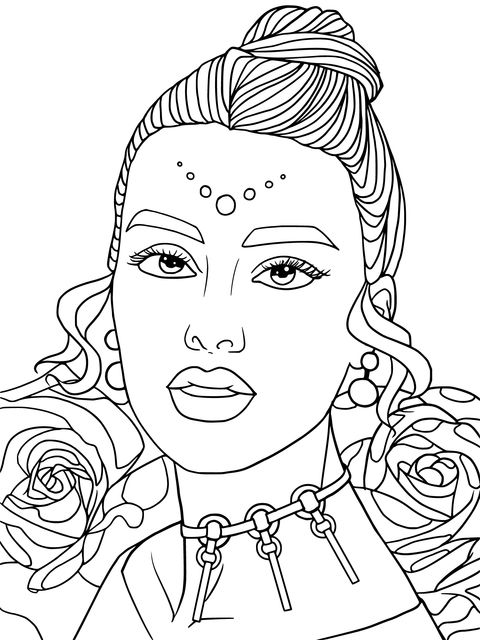 Coloring Page of a Woman Adorned with Ornate Jewels