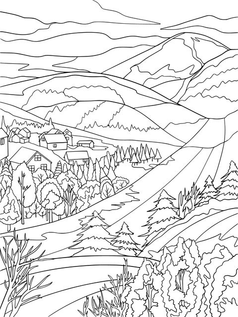 Beautiful Mountain Village Landscape Coloring Page