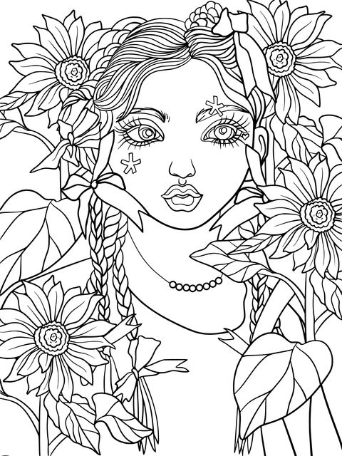 Página de Colorear de Ilustración de Chica con Girasoles