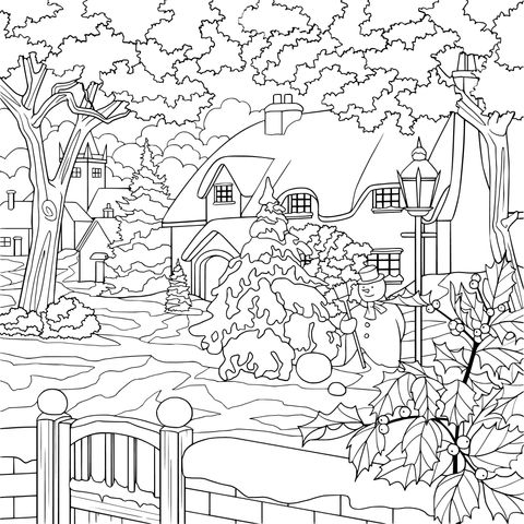 Winter Snow Scene Coloring Page: A Cozy Snow - covered Town