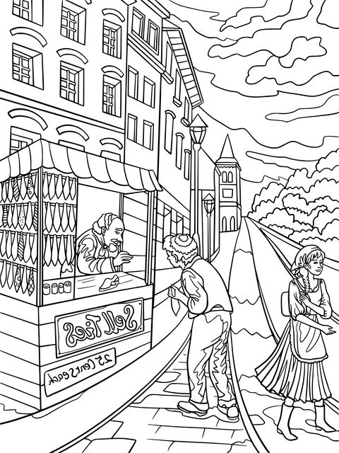 Street Tie - Stall Coloring Page: Feel the Relaxing Street Atmosphere