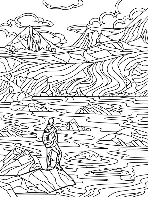 Magnificent Landscape Coloring Page: Traveler Admiring the Scenery