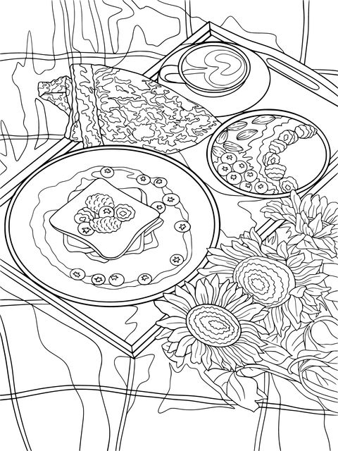 Picnic Food and Sunflowers Coloring Page