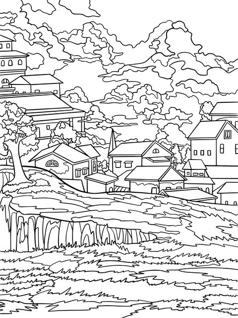 Rural Town Landscape Coloring Page