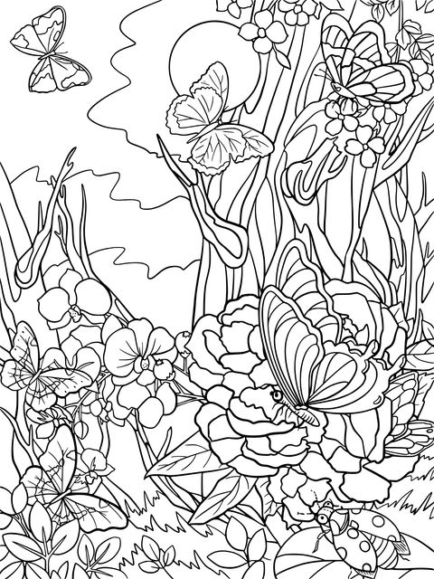 Colorful Butterflies and Flowers Coloring Page