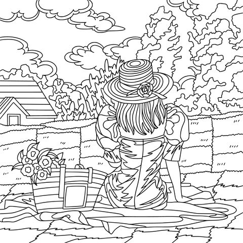 Girl Outdoor Picnic Coloring Page