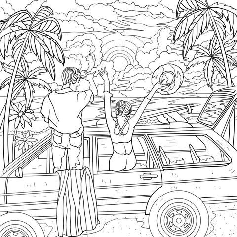 Beach Vacation Coloring Page: A Sweet Moment of a Couple and a Convertible