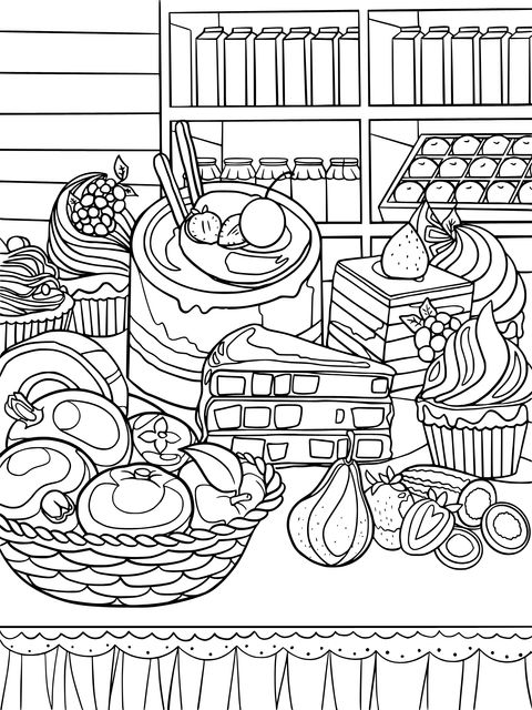 Colorful Desserts and Fruits Coloring Page