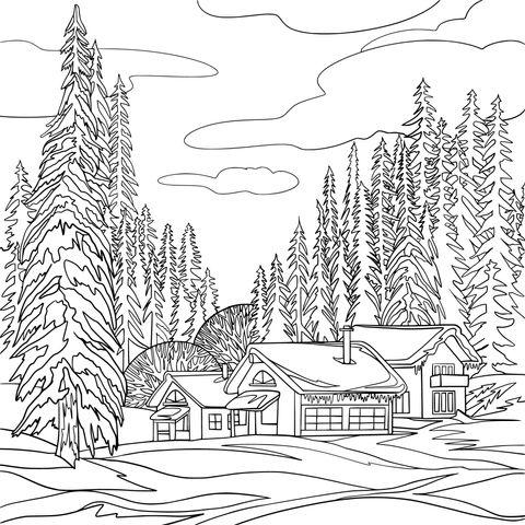 Winter Forest Cabin Coloring Page