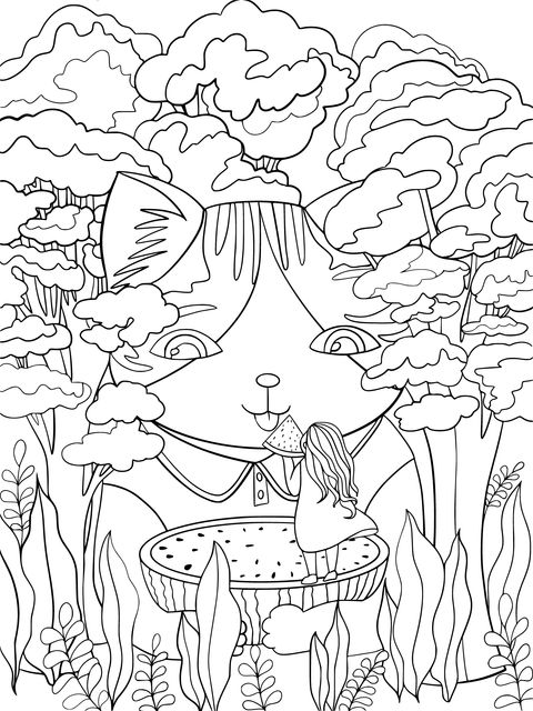 Fun Coloring Page of a Cat and a Girl in the Forest