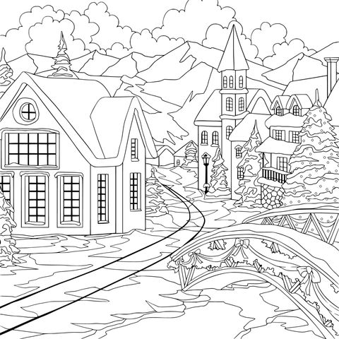 Winter Snow - scene Town Coloring Page