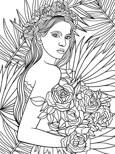 Beautiful Woman Holding Roses Coloring Page