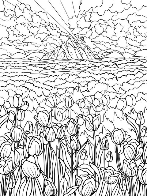 Tulip Field and Mountain Coloring Page