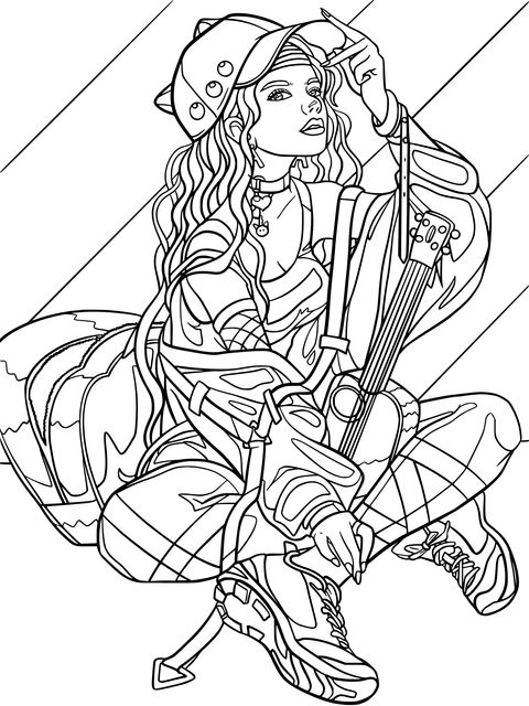 Fashionable Girl Coloring Page: Trendy Image with a Guitar