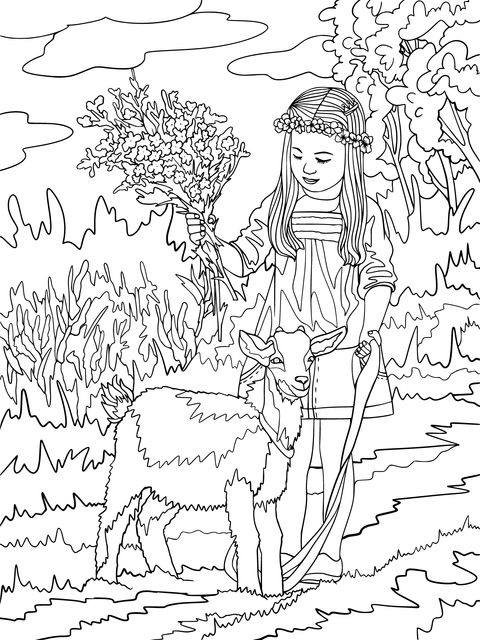 A girl holding a bouquet and leading a lamb