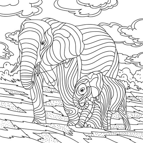 Coloring Page Illustration of Elephant Mother and Child