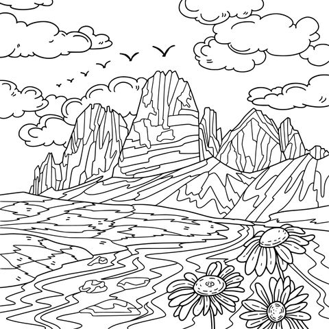 Página para colorear de bonito paisaje de montañas