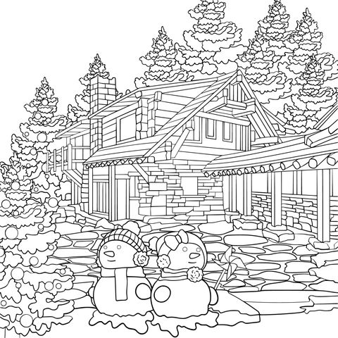 Cozy Winter Cabin and Snowmen Coloring Page