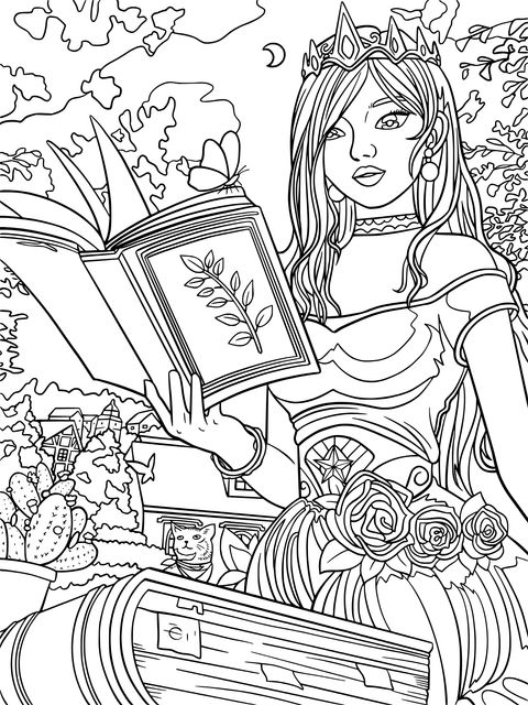 Princess Reading Coloring Page: A Magical Nighttime Fairy - Tale Moment