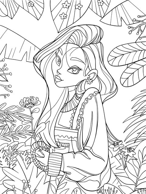 Coloring Page of a Girl amidst Greenery and Flowers