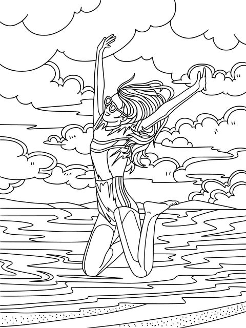 Coloring Page of a Girl Jumping by the Sea