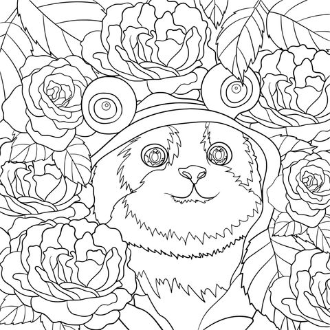 Coloring Page of a Cat Wearing a Frog Hat and Roses