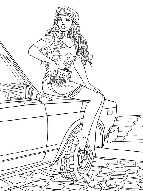 Fashionable Woman Sitting on an Orange Car Coloring Page