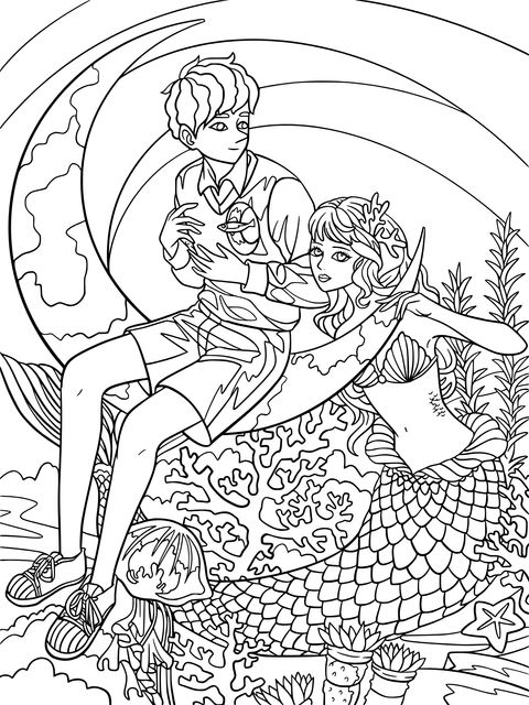 Boy and Mermaid under the Romantic Moon Coloring Page