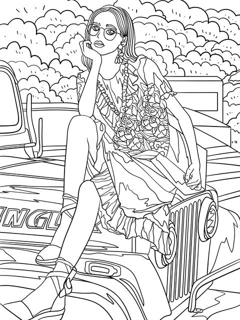 A stylish lady leaning against a pink jeep