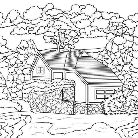 Rural Cottage Landscape Coloring Page