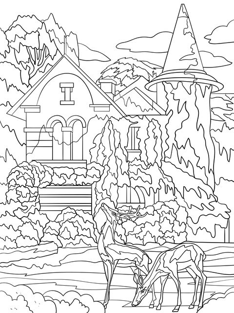 Fairytale - style House and Deer Coloring Page