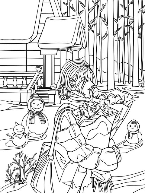 Coloring Page of a Woman Holding Flowers in Winter