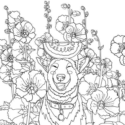 Página para colorir de um cão fofo com flores e melancia