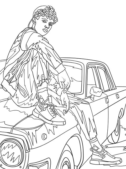 Fashionable Character and Car Coloring Page