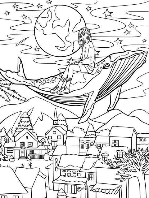 Girl Riding a Whale under the Moonlit Night