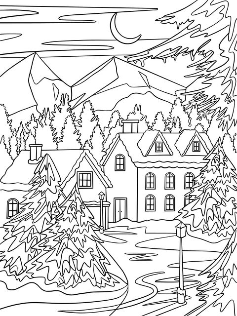 Winter Village Scenery Coloring Page