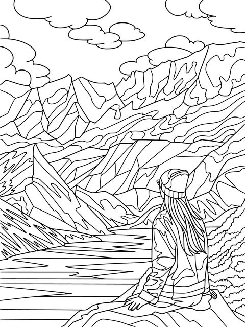 Scenery Coloring Page with Girl Enjoying the View