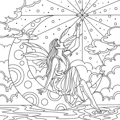 Dreamy Fairy Coloring Page: Sprite on the Moon