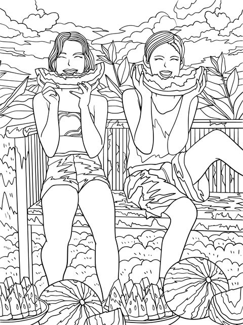 Summer Girls Eating Watermelon Coloring Page