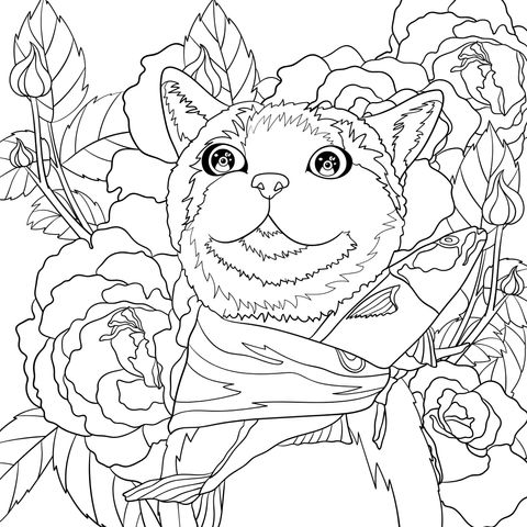 Página para colorear de un gato adorable y flores