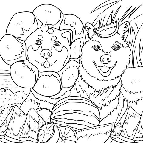 Summer Cute Dog Coloring Page: Adorable Dogs with Flower Wreaths and Watermelon Hats