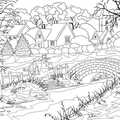 Winter Snow Scene Coloring Page: Cozy Village and Joyful Scenes