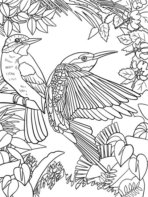 Colorful Birds and Lush Plants Coloring Page