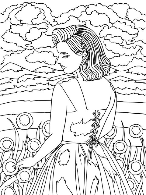 Coloring Page of a Pink - Haired Woman in a Red Dress Among Flowers